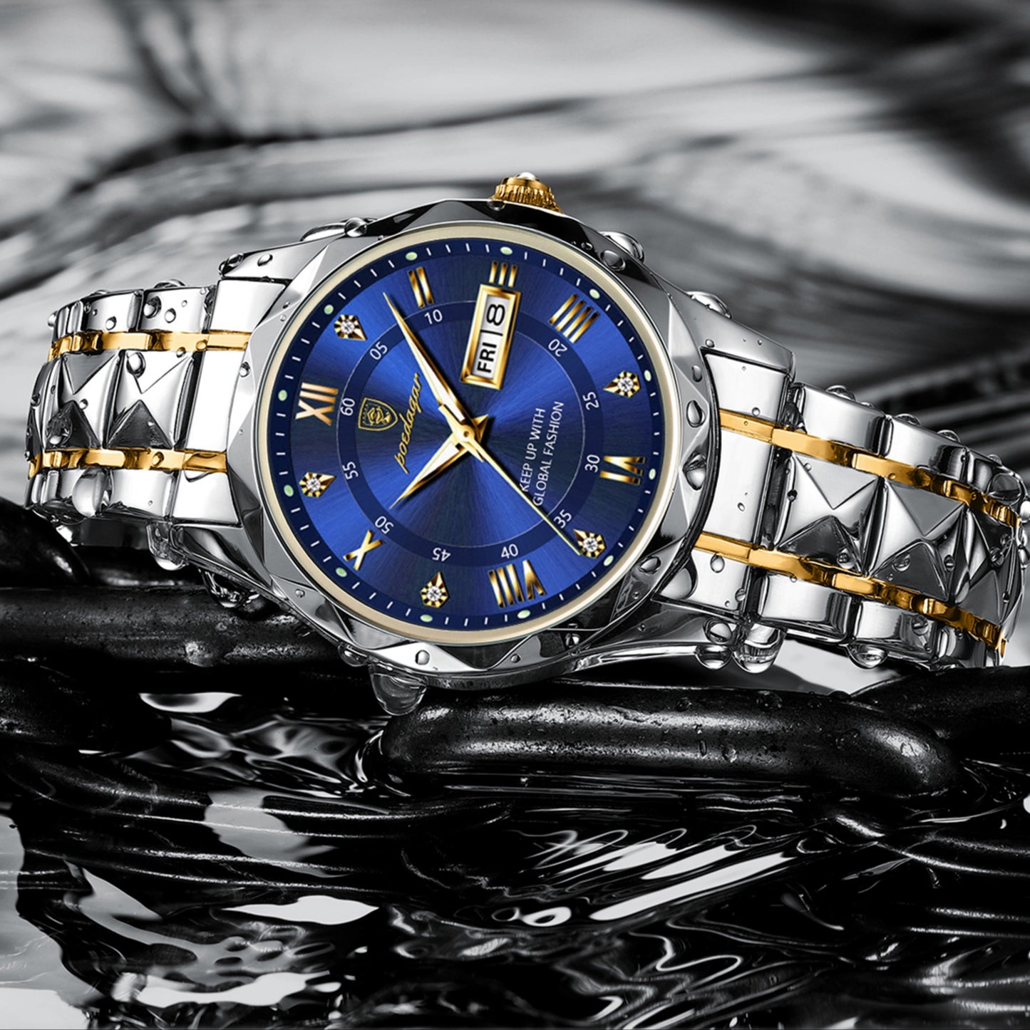 Montre de Luxe à Quartz pour Homme - Cadran Bleu Saphir et Bracelet Bicolore Acier