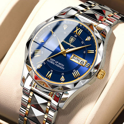 Montre de Luxe à Quartz pour Homme - Cadran Bleu Saphir et Bracelet Bicolore Acier