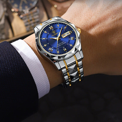 Montre de Luxe à Quartz pour Homme - Cadran Bleu Saphir et Bracelet Bicolore Acier