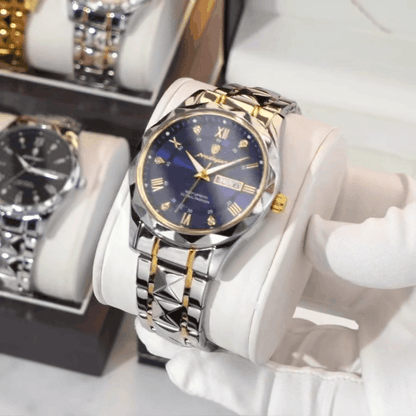 Montre de Luxe à Quartz pour Homme - Cadran Bleu Saphir et Bracelet Bicolore Acier