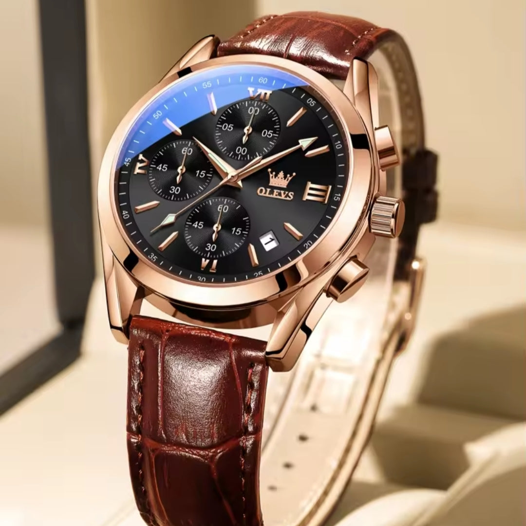 Montre chronographe en cuir (OLEVS)