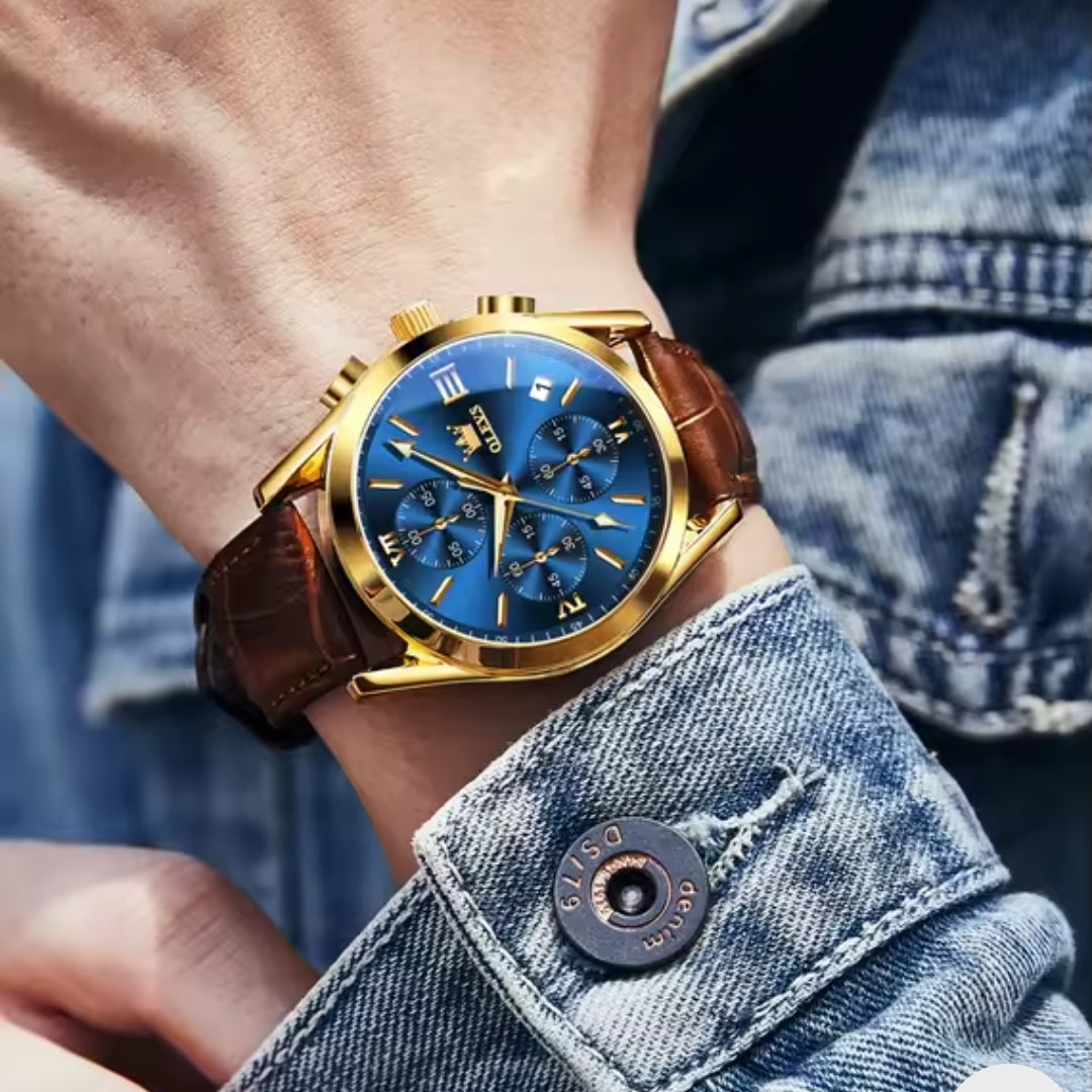 Montre chronographe en cuir (OLEVS)