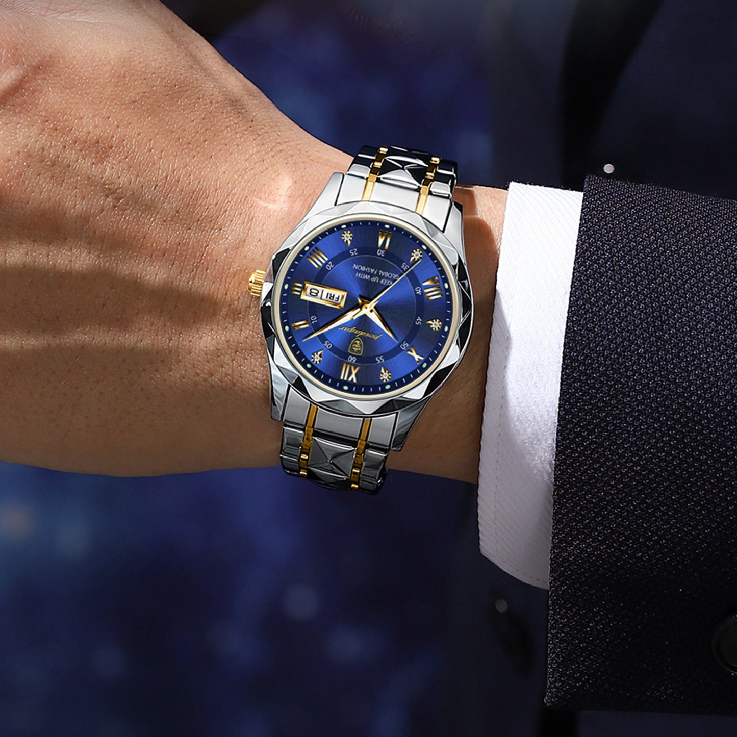 Montre de Luxe à Quartz pour Homme - Cadran Bleu Saphir et Bracelet Bicolore Acier